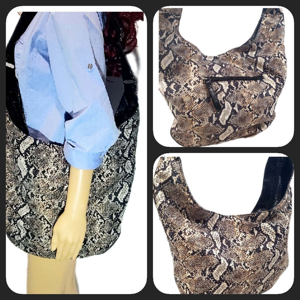 Expressions NYC Snake Skin Print Hobo Shoulder Bag Handbag Purse Ivory Tan Black